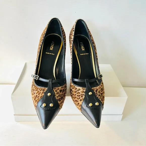 Fendi black tan calf hair animal print heels pumps 38 - Picture 4 of 10